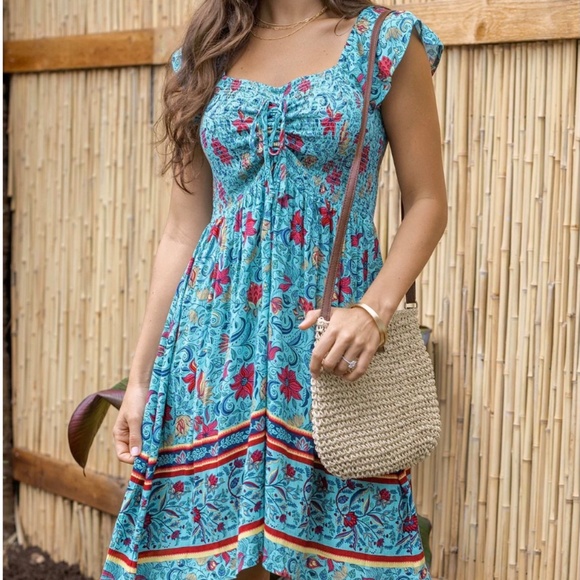 Grace & Lace Border Print Blue Floral Smocked Dress Size XL - Picture 7 of 9